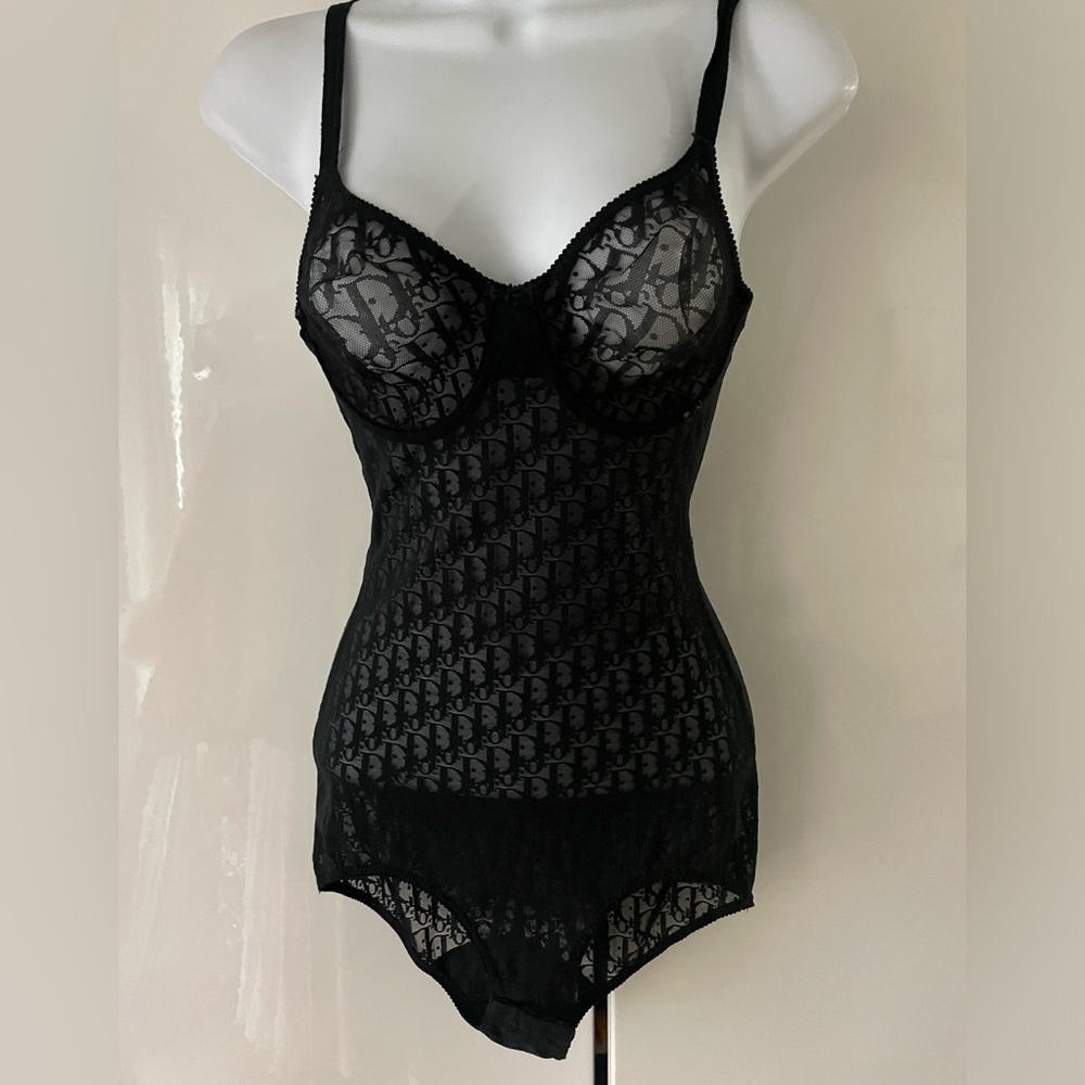 Christian Dior 1990's Vintage Sheer Logo Monogram Black Bodysuit 34B RARE